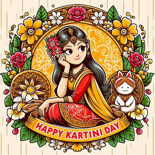 vector hari kartini a poster of a woman in a sari with flowers and a cat