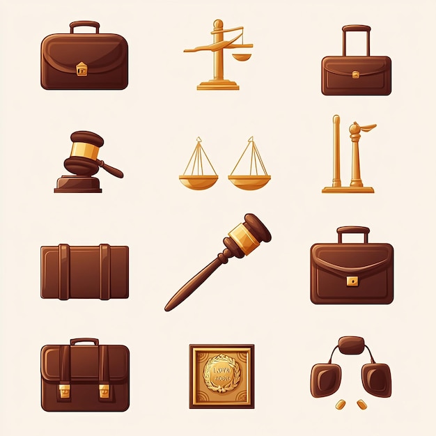 Photo vector icon set of law and justice elements gavel and more