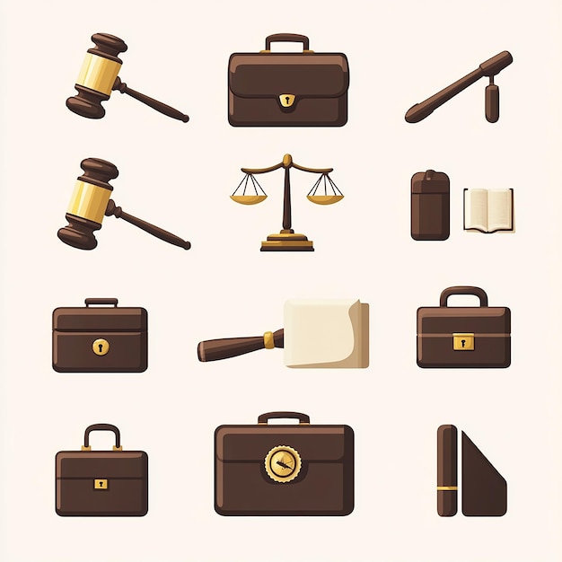 Photo vector icon set of law and justice elements gavel and more