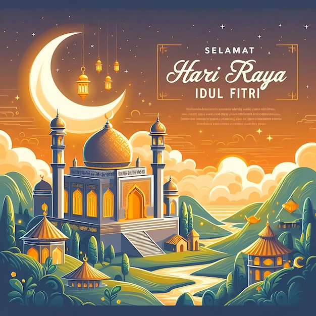 vector idul fitri a poster for a mosque with a moon and a mosque on the top