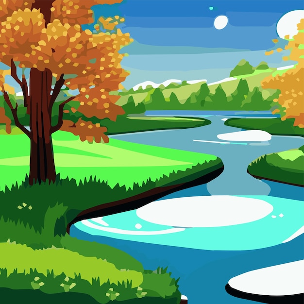 Vector illustration of beautiful spring fields with forest mountains pond Landscape with dawn