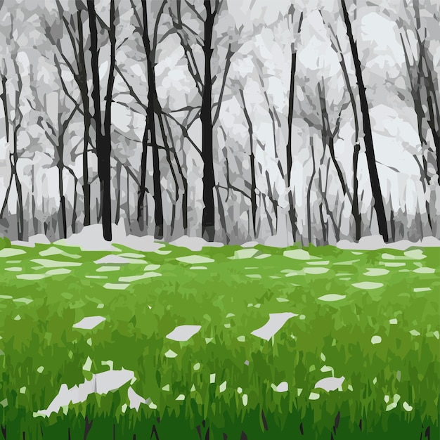 Vector illustration of beautiful spring fields with forest mountains pond Landscape with dawn