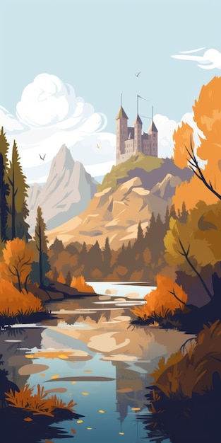 Vector Illustration Of Bogs With Alpine Mountains And Autumn Colors