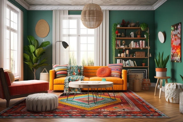 Vector illustration of bohemian living room design with floor carpet Generative AI