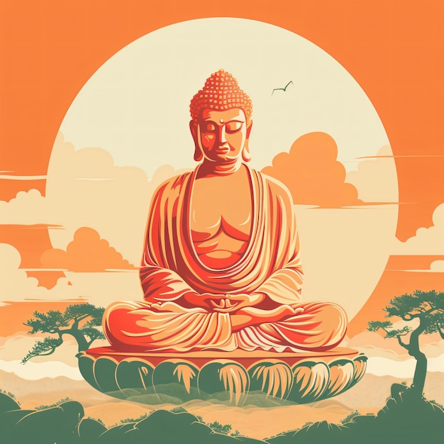 vector illustration of buddha meditating on lotus with moon background