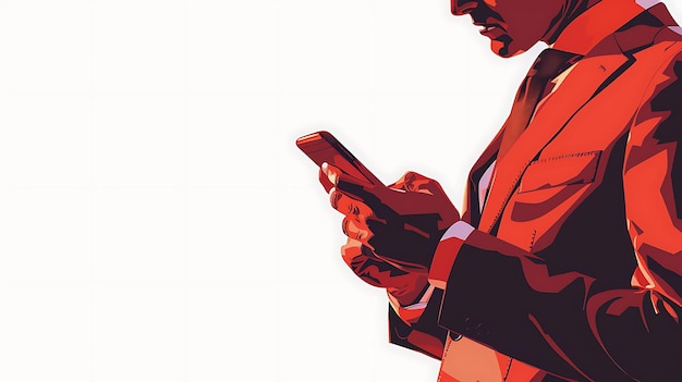 A vector illustration of a business man using mobile phone closeup