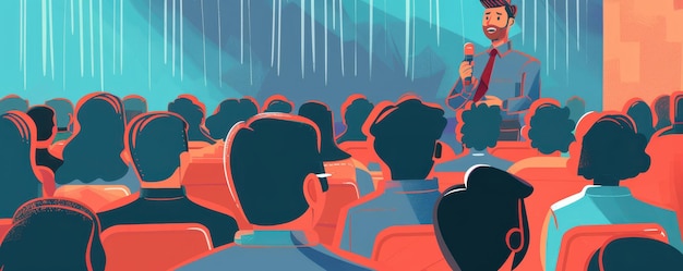 Vector illustration of a business seminar with speaker presenting to a large audience in a conferenc