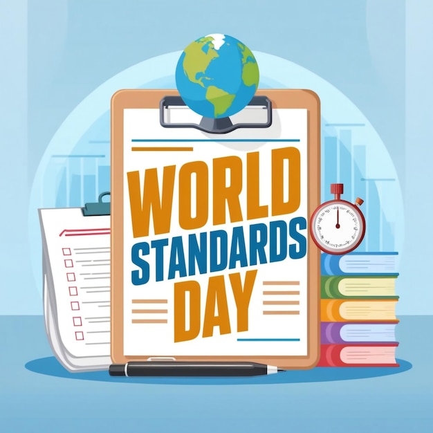 Photo vector illustration celebrating world standards day with globe stopwatch ruler scale and quality board