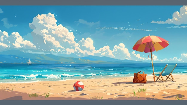 Vector illustration of a charming seaside view with a bright beach umbrella a relaxing beach chair a beach bag and a playful ball surrounded by golden sand a tranquil ocean scattered clouds