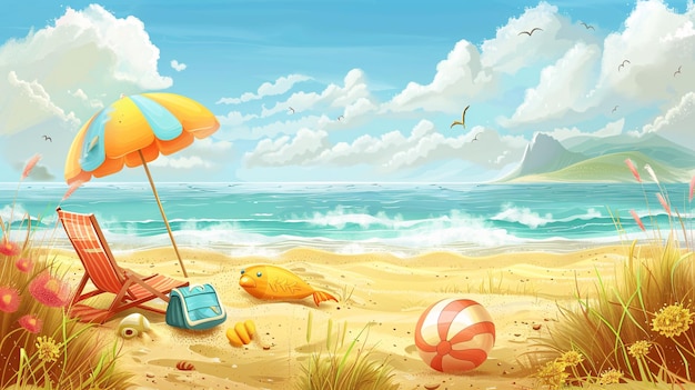 Vector illustration of a charming seaside view with a bright beach umbrella a relaxing beach chair a beach bag and a playful ball surrounded by golden sand a tranquil ocean scattered clouds