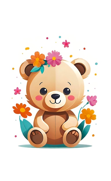 Vector illustration childrens teddy bear toy with flowers background for childrens room