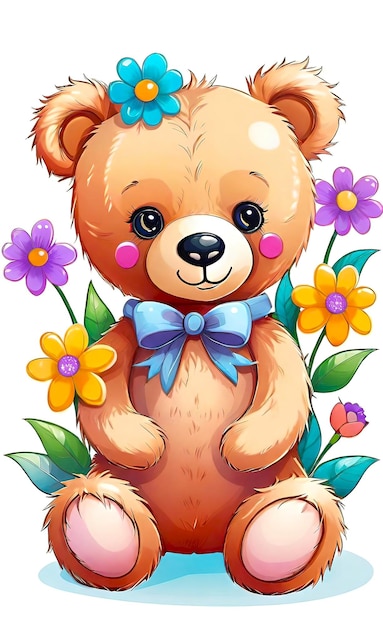 Vector illustration childrens teddy bear toy with flowers background for childrens room