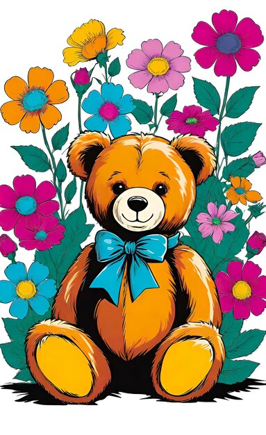 Vector illustration childrens teddy bear toy with flowers background for childrens room