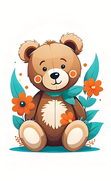 Vector illustration childrens teddy bear toy with flowers background for childrens room