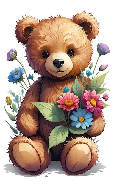 Vector illustration childrens teddy bear toy with flowers background for childrens room