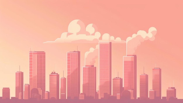 Photo vector illustration of a city skyline at dusk with tall buildings and pink toned sky featuring clouds and silhouettes of skyscrapers