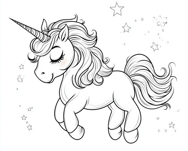 Vector illustration for coloring books Cute Cartoon Unicorn isolated on white background