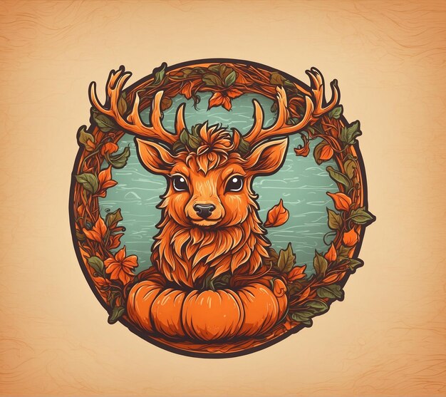 Vector illustration of a deer in a pumpkinstyle round frame with autumn leaves