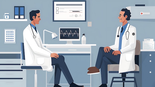 A vector illustration of doctor examining the patient hospital background simple minimal