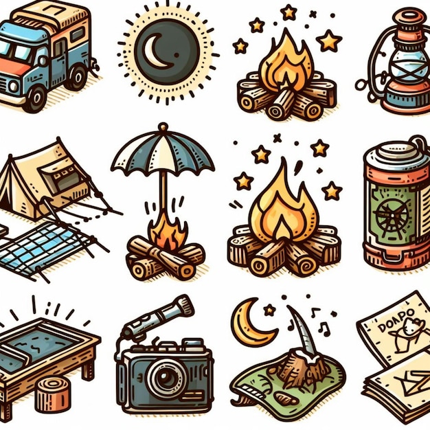 Photo vector illustration drawing style of camping icons collection