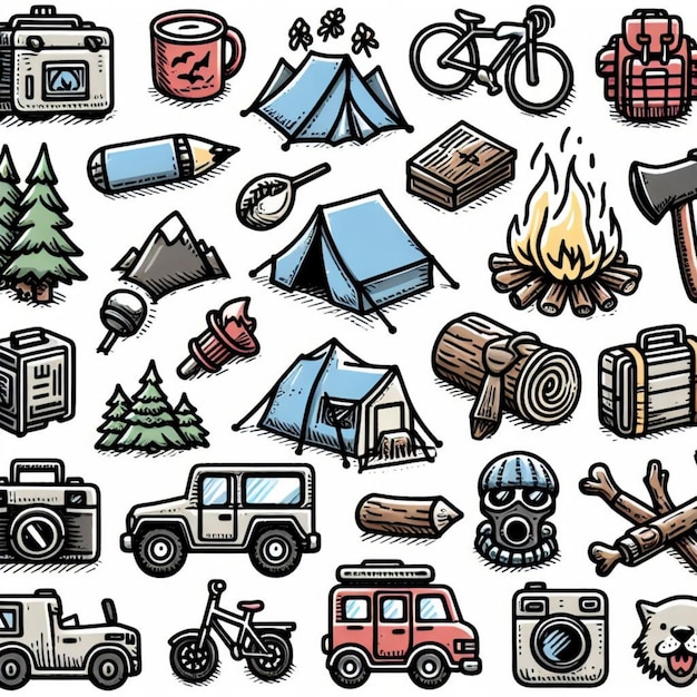 vector Illustration drawing style of camping icons collection