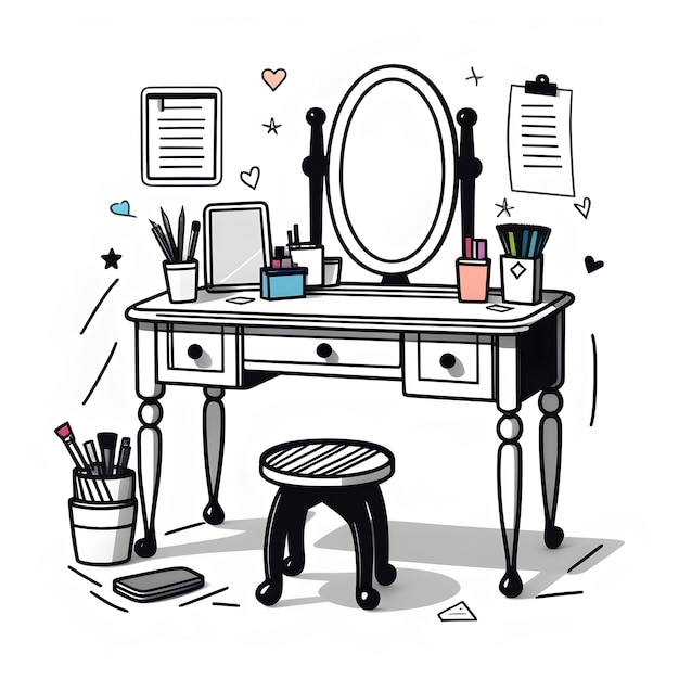 Vector Illustration Of A Dressing Table With A Mirror And Stationery