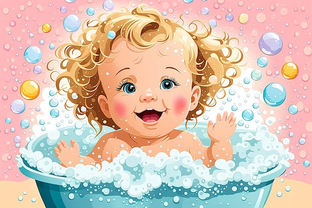 vector illustration of an ecstatic infant engaged in a delightful bath