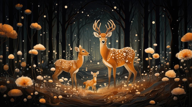 vector illustration a family of deer wandering through a magical forest