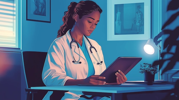 Photo vector illustration of a female doctor in a lab coat is using a tablet