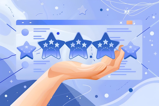 Vector Illustration of Female Hand Holding Five Stars with Reviews and Metrics Background