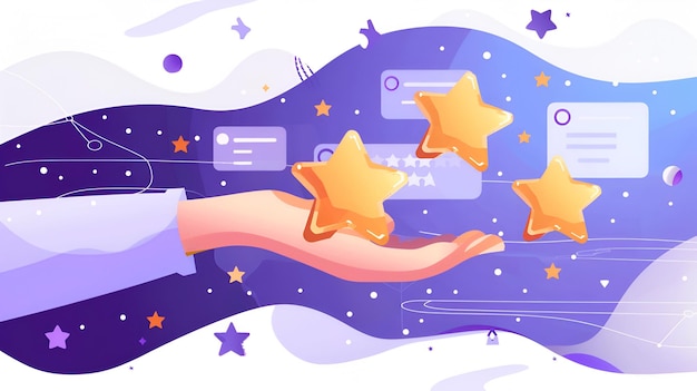 Vector Illustration of Female Hand Holding Five Stars with Reviews and Metrics Background