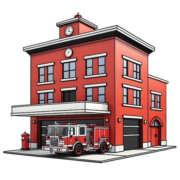 Vector Illustration Of A Firetruck And Fire Station On A White Background