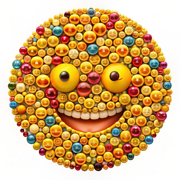 Vector illustration of a giant smiley emoji made up of smaller emojis on a white background