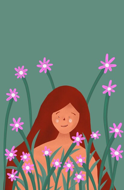 Vector illustration of a girl surrounded by flowers on a green background women's day