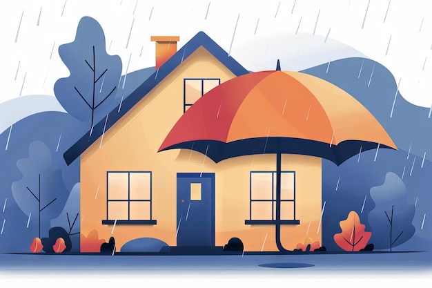 vector Illustration of A house with a umbrella in the rain home insurance concept