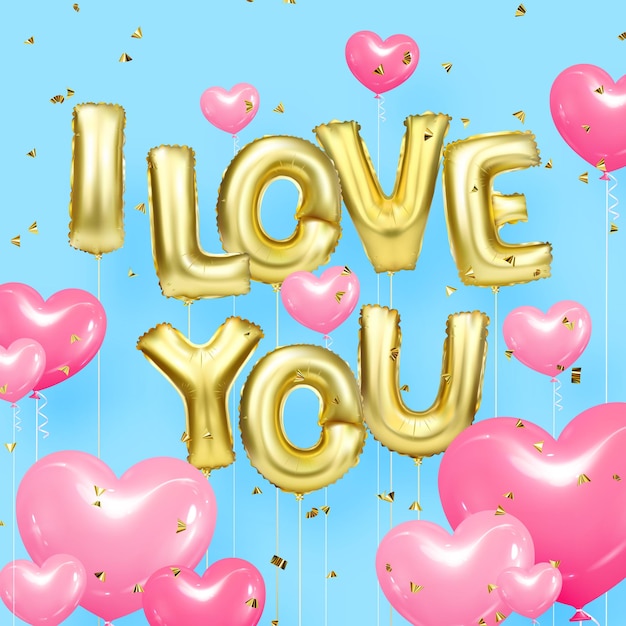 Vector illustration i love you greeting card golden inflated foil letters and balloons