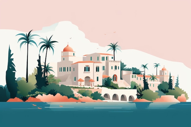 Vector illustration of the island of Rhodes in Greece Landscape with an old castle palm trees and