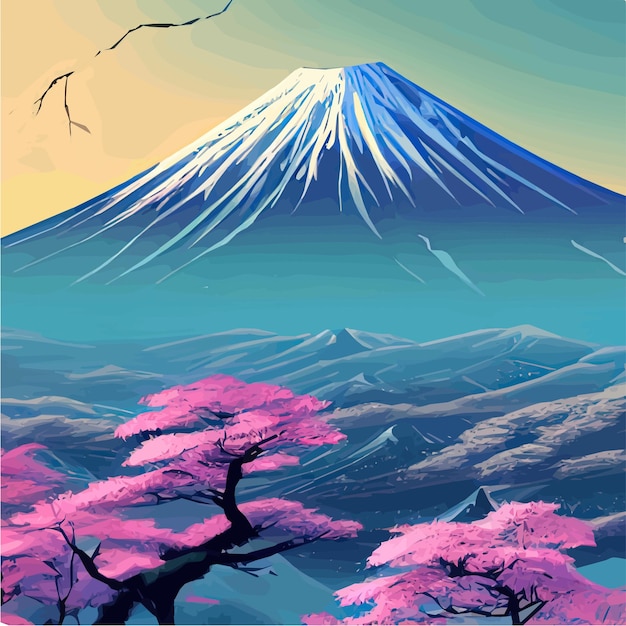 Vector illustration of Japanese Mount Fuji with variety of trees Ideal for travel sports or spiritual design Asian