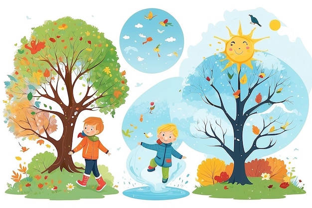 Vector Illustration Of Kid And Four Seasons