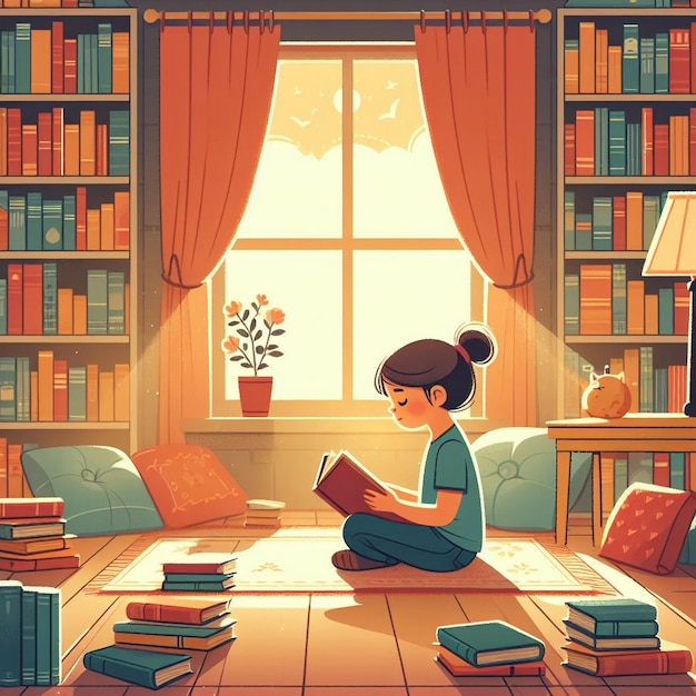 Vector illustration of a Kid reading book in a study room