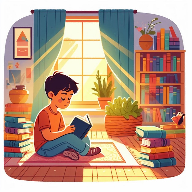 Vector illustration of a Kid reading book in a study room