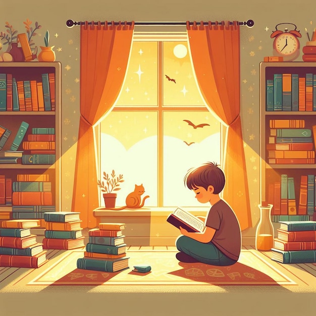 Vector illustration of a Kid reading book in a study room