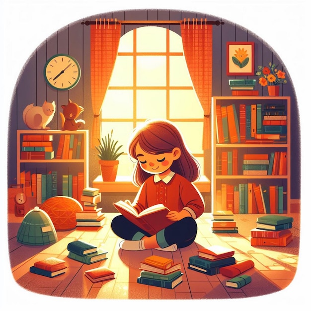 Vector illustration of a Kid reading book in a study room