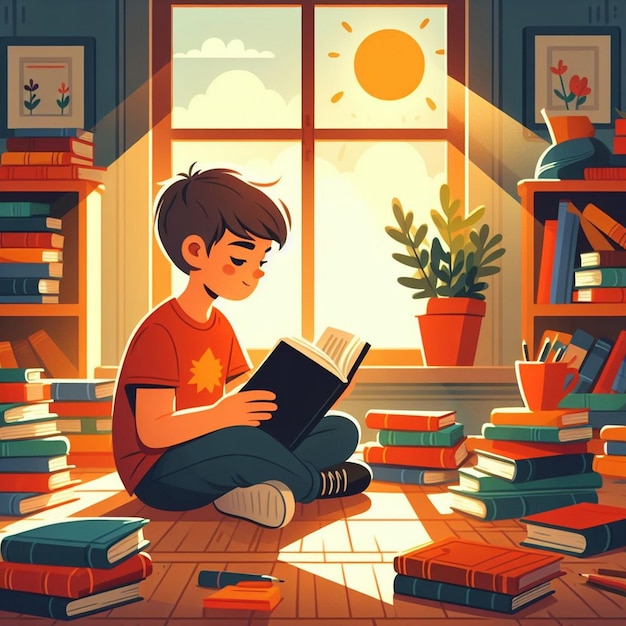 Vector illustration of a Kid reading book in a study room