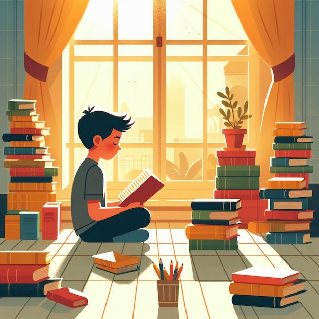 Vector illustration of a Kid reading book in a study room