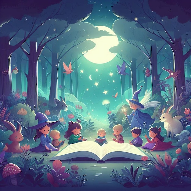 Vector illustration of a magical reading journey in a forest