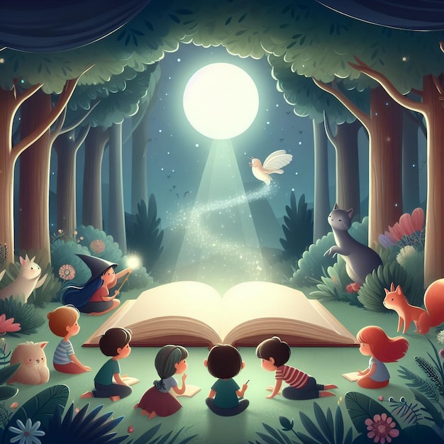 Vector illustration of a magical reading journey in a forest