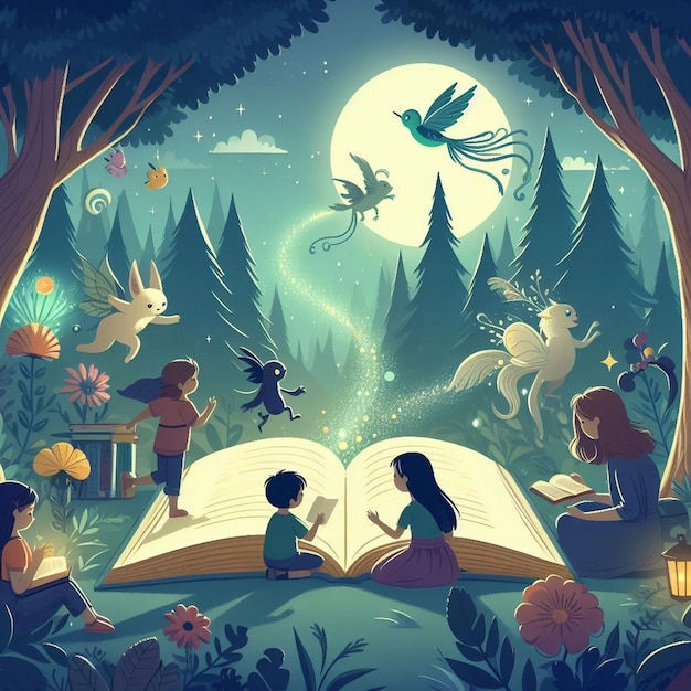 Vector illustration of a magical reading journey in a forest