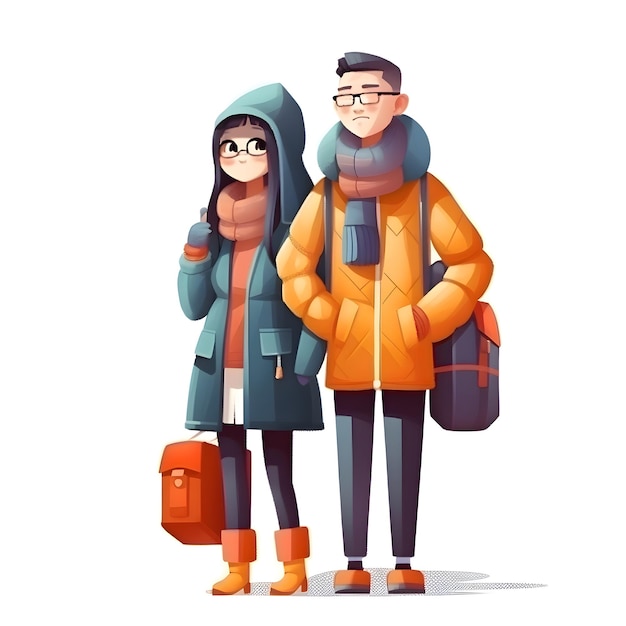 Vector illustration of a man and a woman in warm clothes with a backpack on a white background