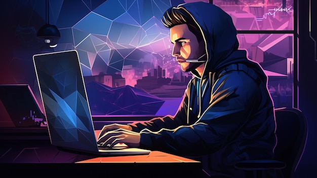 Vector illustration of a man working at a computer